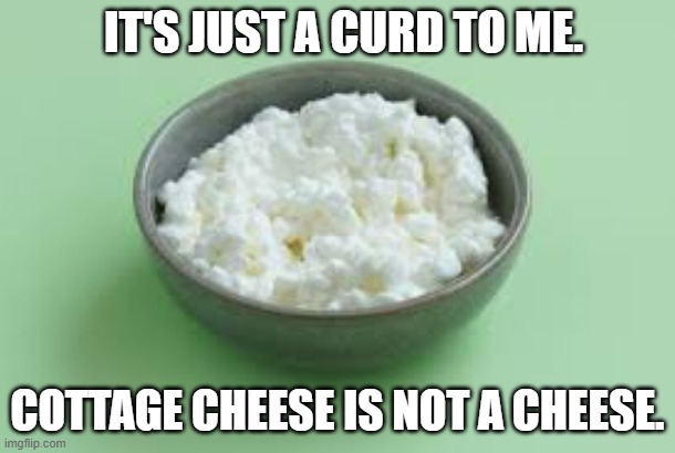 memes by Brad - Cottage cheese is not cheese - humor | IT'S JUST A CURD TO ME. COTTAGE CHEESE IS NOT A CHEESE. | image tagged in funny,fun,cheese,funny meme,humor,food memes | made w/ Imgflip meme maker