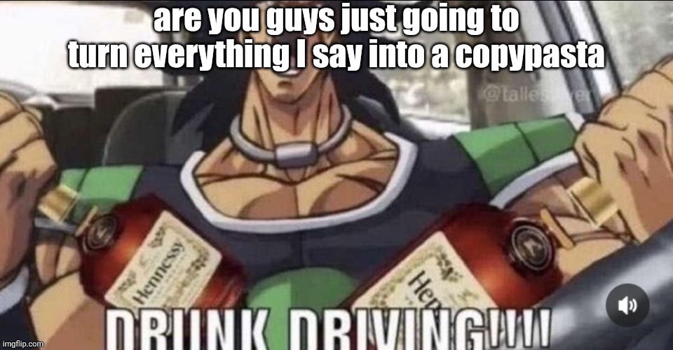 DRINK DRIVING!!! | are you guys just going to turn everything I say into a copypasta | image tagged in drink driving | made w/ Imgflip meme maker