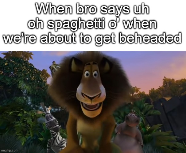 Uh oh, spaghetti o'! | When bro says uh oh spaghetti o' when we're about to get beheaded | image tagged in alex the lion staring,uh oh,oh no,really bro,bruh,me when | made w/ Imgflip meme maker