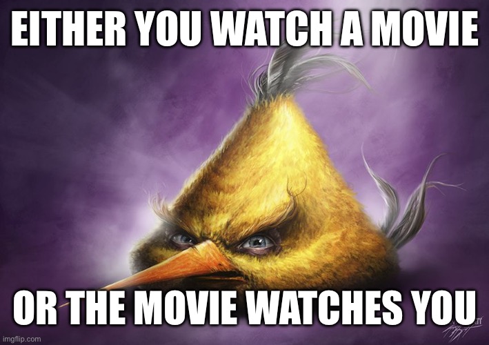 Realistic yellow angry bird | EITHER YOU WATCH A MOVIE; OR THE MOVIE WATCHES YOU | image tagged in realistic yellow angry bird | made w/ Imgflip meme maker