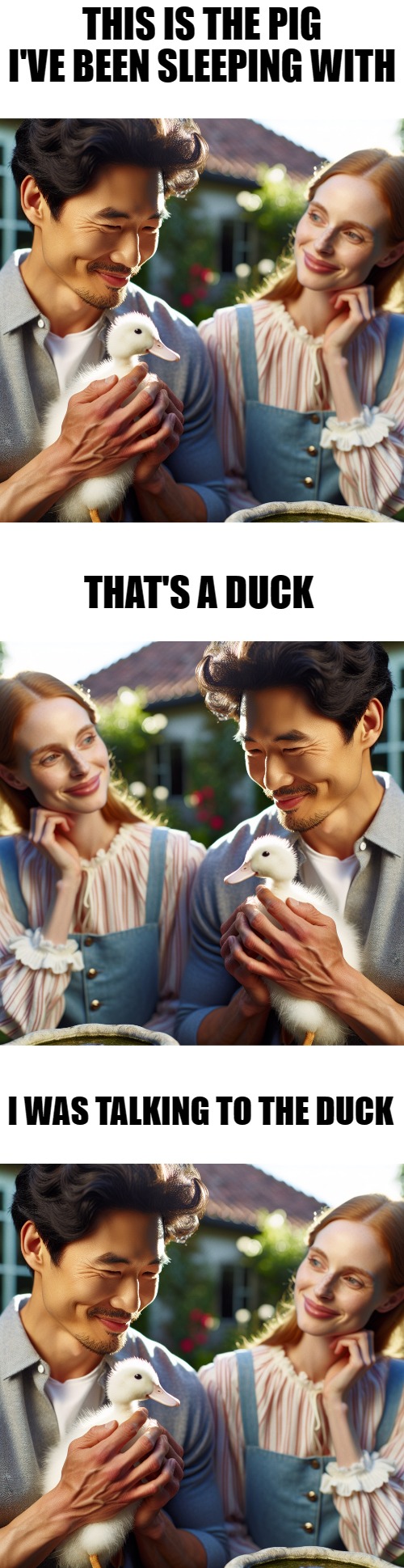 Confesion | THIS IS THE PIG I'VE BEEN SLEEPING WITH; THAT'S A DUCK; I WAS TALKING TO THE DUCK | image tagged in confesion,kewlew | made w/ Imgflip meme maker