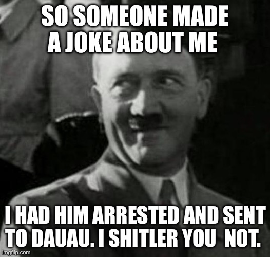 Hitler laugh  | SO SOMEONE MADE A JOKE ABOUT ME; I HAD HIM ARRESTED AND SENT TO DAUAU. I SHITLER YOU  NOT. | image tagged in hitler laugh | made w/ Imgflip meme maker