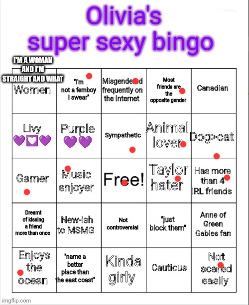 I'M A WOMAN AND I'M STRAIGHT AND WHAT | image tagged in olivia's super sexy bingo | made w/ Imgflip meme maker