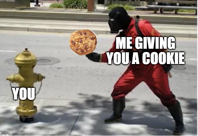 pyro fingering fire hydrant | ME GIVING YOU A COOKIE; YOU | image tagged in pyro fingering fire hydrant,cookie | made w/ Imgflip meme maker