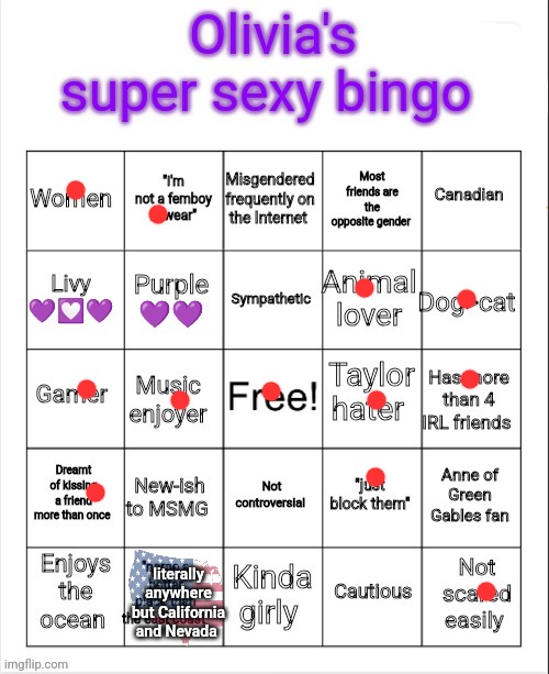 literally anywhere but California and Nevada | image tagged in olivia's super sexy bingo | made w/ Imgflip meme maker