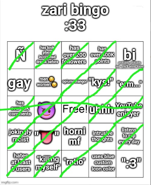 in terms of bingos, im closely similar to illumina | probably. probably not. you'll never know | image tagged in zari's bingo | made w/ Imgflip meme maker