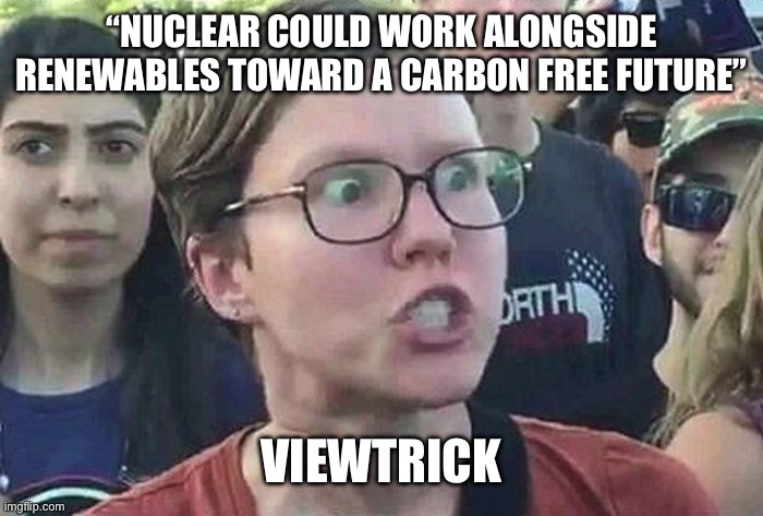 Triggered Liberal | “NUCLEAR COULD WORK ALONGSIDE RENEWABLES TOWARD A CARBON FREE FUTURE”; VIEWTRICK | image tagged in triggered liberal | made w/ Imgflip meme maker