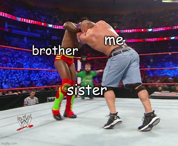 dam | brother; me; sister | image tagged in hornswoggle watching john cena and kofi kingston fight | made w/ Imgflip meme maker