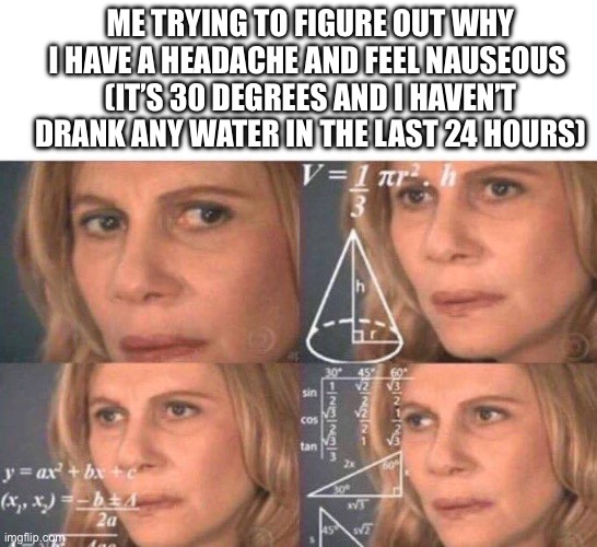 I didn’t figure it out until my mom suggested it | ME TRYING TO FIGURE OUT WHY I HAVE A HEADACHE AND FEEL NAUSEOUS 
(IT’S 30 DEGREES AND I HAVEN’T DRANK ANY WATER IN THE LAST 24 HOURS) | image tagged in math lady/confused lady | made w/ Imgflip meme maker