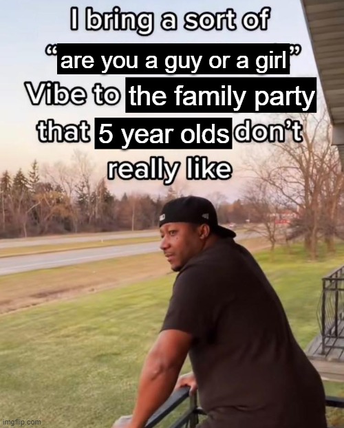 ᗀ(._.)ᗁ | are you a guy or a girl; the family party; 5 year olds | image tagged in i bring a sort of x vibe to the y | made w/ Imgflip meme maker