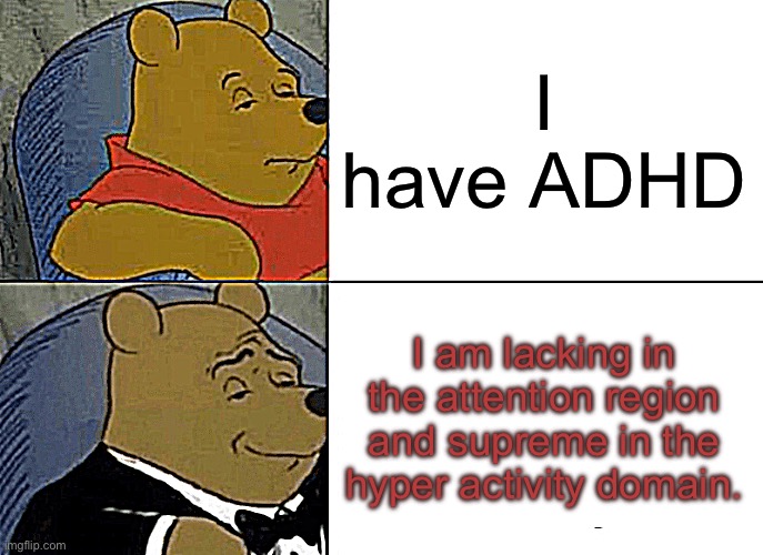 Tuxedo Winnie The Pooh Meme | I have ADHD; I am lacking in the attention region and supreme in the hyper activity domain. | image tagged in memes,tuxedo winnie the pooh | made w/ Imgflip meme maker
