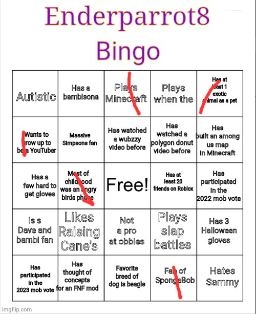 Enderparrot8 Bingo | image tagged in enderparrot8 bingo | made w/ Imgflip meme maker