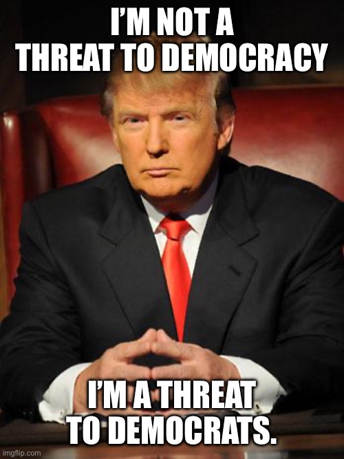 Serious Trump | I’M NOT A THREAT TO DEMOCRACY I’M A THREAT TO DEMOCRATS. | image tagged in serious trump | made w/ Imgflip meme maker