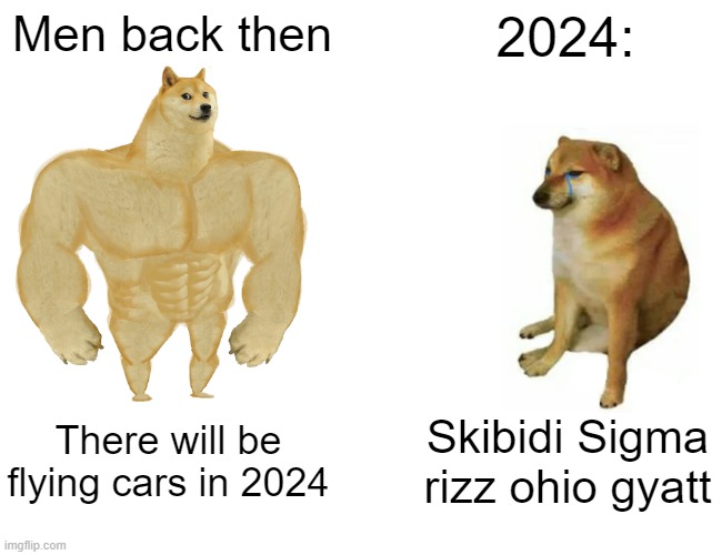 Cheems | Men back then; 2024:; There will be flying cars in 2024; Skibidi Sigma rizz ohio gyatt | image tagged in memes,buff doge vs cheems | made w/ Imgflip meme maker