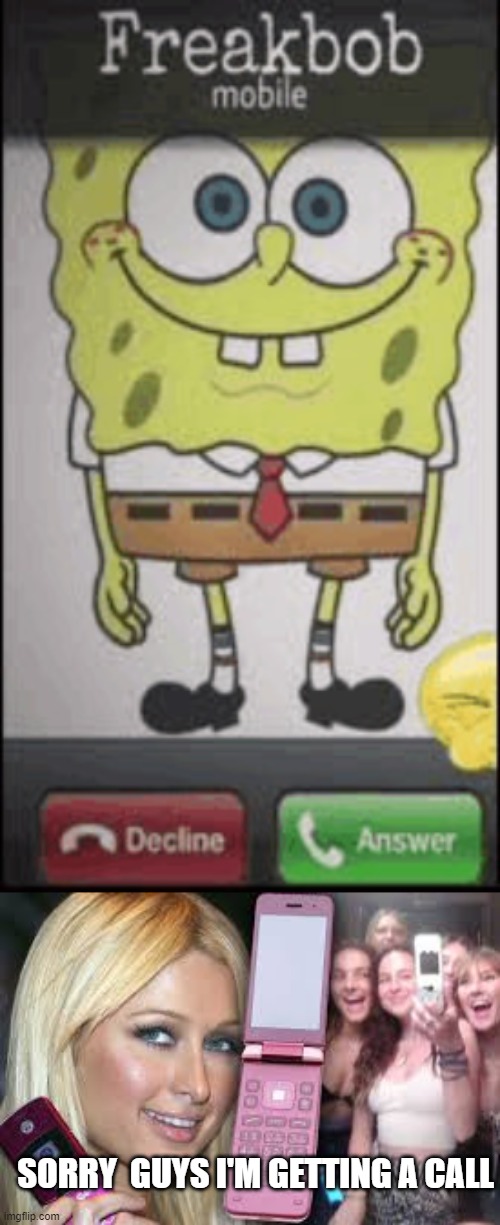 SORRY  GUYS I'M GETTING A CALL | image tagged in freakbob calling | made w/ Imgflip meme maker