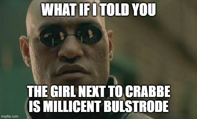 Matrix Morpheus Meme | WHAT IF I TOLD YOU THE GIRL NEXT TO CRABBE IS MILLICENT BULSTRODE | image tagged in memes,matrix morpheus | made w/ Imgflip meme maker