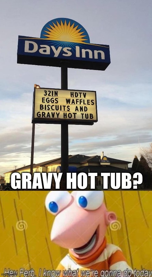 Gravy tub | GRAVY HOT TUB? | image tagged in hey ferb,gravy,hot tub | made w/ Imgflip meme maker