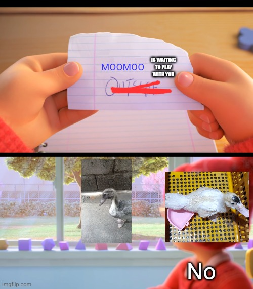 When wolfoo sucks, then im running away from the virus that moo moo caused | IS WAITING TO PLAY WITH YOU; MOOMOO; No | image tagged in x is outside | made w/ Imgflip meme maker