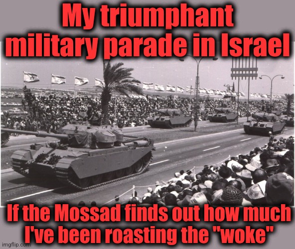 My triumphant
military parade in Israel If the Mossad finds out how much
I've been roasting the "woke" | made w/ Imgflip meme maker