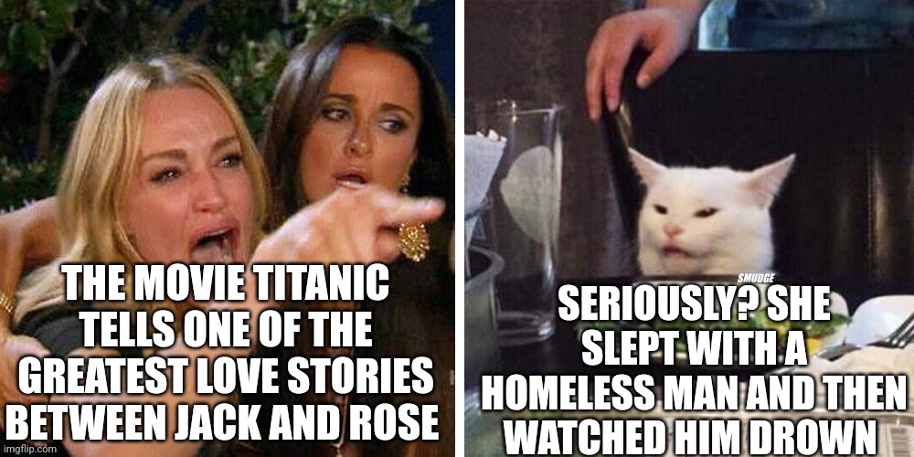 Smudge that darn cat with Karen | SERIOUSLY? SHE SLEPT WITH A HOMELESS MAN AND THEN WATCHED HIM DROWN; THE MOVIE TITANIC TELLS ONE OF THE GREATEST LOVE STORIES BETWEEN JACK AND ROSE | image tagged in smudge that darn cat with karen | made w/ Imgflip meme maker