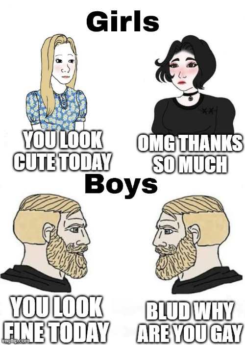 This is reality right | YOU LOOK CUTE TODAY; OMG THANKS SO MUCH; BLUD WHY ARE YOU GAY; YOU LOOK FINE TODAY | image tagged in girls vs boys | made w/ Imgflip meme maker