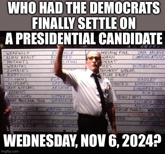 Does Biden stay? Who else? How to decide? Who decides? Oops… too late! | WHO HAD THE DEMOCRATS FINALLY SETTLE ON A PRESIDENTIAL CANDIDATE; WEDNESDAY, NOV 6, 2024? | image tagged in who had x for y | made w/ Imgflip meme maker