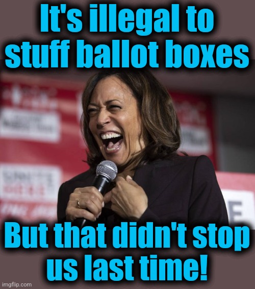 Kamala laughing | It's illegal to
stuff ballot boxes But that didn't stop
us last time! | image tagged in kamala laughing | made w/ Imgflip meme maker