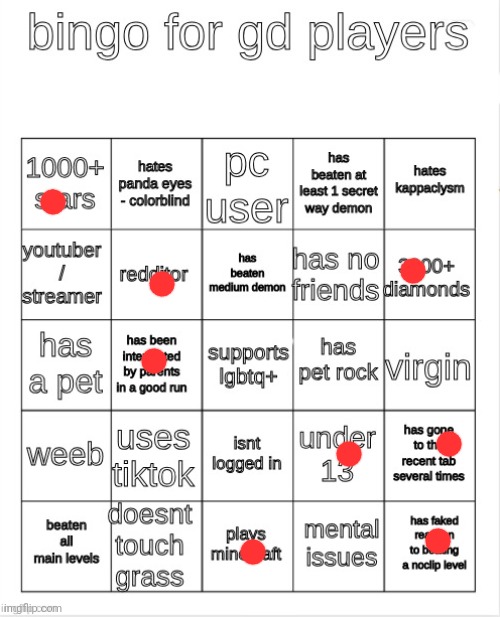i used to have over 1000 and 3000 diamonds until i lost my progress, my dumbass also forgot to put virgin | image tagged in gd bingo | made w/ Imgflip meme maker