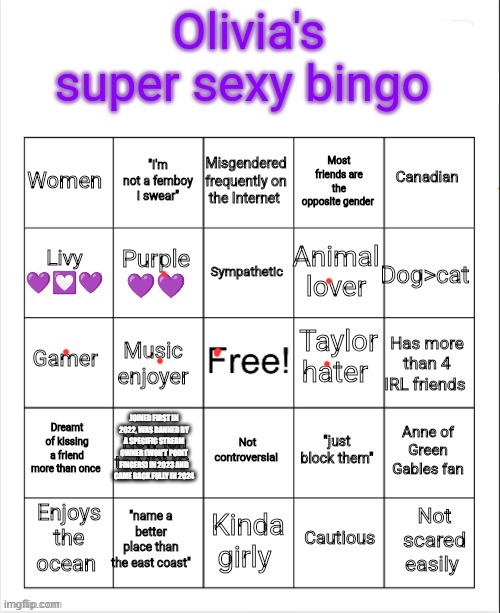 JOINED FIRST IN 2022, WAS BANNED BY A SPECIFIC STREAM OWNER (WON'T POINT FINGERS) IN 2023 AND CAME BACK FULLY IN 2024 | image tagged in olivia's super sexy bingo | made w/ Imgflip meme maker