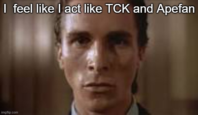 Patrick Bateman staring | I  feel like I act like TCK and Apefan | image tagged in patrick bateman staring | made w/ Imgflip meme maker