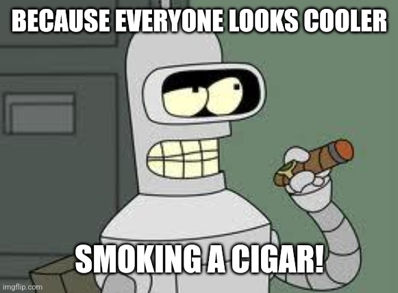 Bender | BECAUSE EVERYONE LOOKS COOLER SMOKING A CIGAR! | image tagged in bender | made w/ Imgflip meme maker