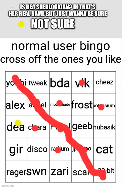 normal user bingo | IS DEA SHERLOCKIAN? IK THAT'S HER REAL NAME BUT JUST WANNA BE SURE; NOT SURE | image tagged in normal user bingo | made w/ Imgflip meme maker