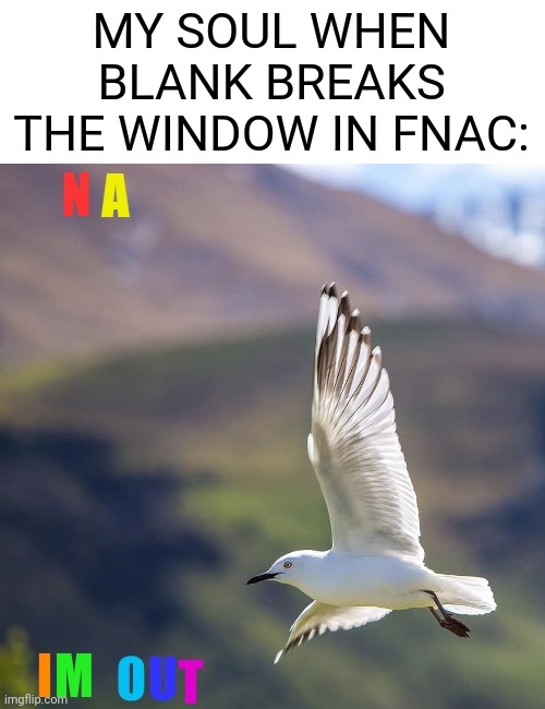 na im out | MY SOUL WHEN BLANK BREAKS THE WINDOW IN FNAC: | image tagged in na im out,fnac,blank,soul,leaves | made w/ Imgflip meme maker