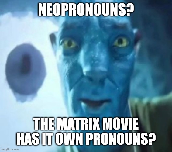 Avatar guy | NEOPRONOUNS? THE MATRIX MOVIE HAS IT OWN PRONOUNS? | image tagged in avatar guy | made w/ Imgflip meme maker