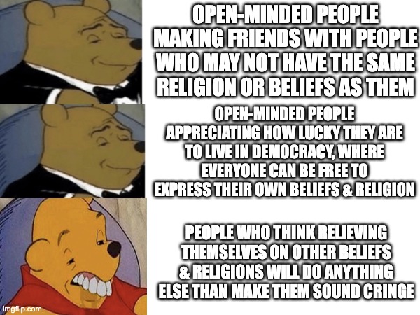 Open-minded people VS Intolerant people | OPEN-MINDED PEOPLE MAKING FRIENDS WITH PEOPLE WHO MAY NOT HAVE THE SAME RELIGION OR BELIEFS AS THEM; OPEN-MINDED PEOPLE APPRECIATING HOW LUCKY THEY ARE TO LIVE IN DEMOCRACY, WHERE EVERYONE CAN BE FREE TO EXPRESS THEIR OWN BELIEFS & RELIGION; PEOPLE WHO THINK RELIEVING THEMSELVES ON OTHER BELIEFS & RELIGIONS WILL DO ANYTHING ELSE THAN MAKE THEM SOUND CRINGE | image tagged in tuxedo winnie the pooh,open mind | made w/ Imgflip meme maker