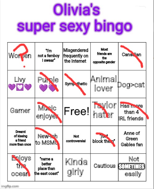 SOMETIMES | image tagged in olivia's super sexy bingo | made w/ Imgflip meme maker