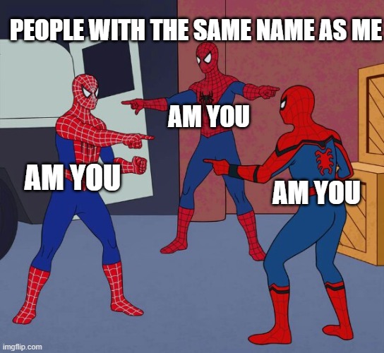 name | PEOPLE WITH THE SAME NAME AS ME; AM YOU; AM YOU; AM YOU | image tagged in spider man triple | made w/ Imgflip meme maker