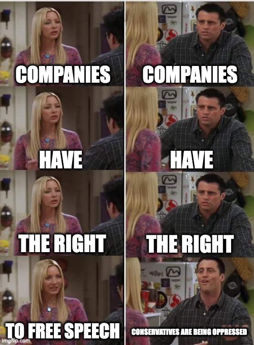 Phoebe Joey | COMPANIES; COMPANIES; HAVE; HAVE; THE RIGHT; THE RIGHT; TO FREE SPEECH; CONSERVATIVES ARE BEING OPPRESSED | image tagged in phoebe joey | made w/ Imgflip meme maker