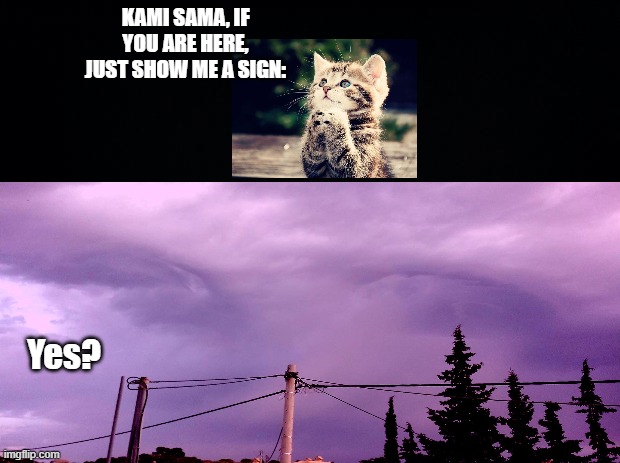 Kami sama | KAMI SAMA, IF YOU ARE HERE, JUST SHOW ME A SIGN:; Yes? | image tagged in black background | made w/ Imgflip meme maker