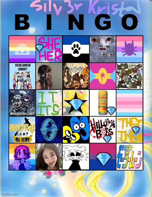 Silv3r Kristal bingo (no bingo) | 💎; 💎; 💎; 💎; 💎; 💎 | image tagged in silv3r_kristal s bingo,bingo,lgbtq,bisexual,helluva boss | made w/ Imgflip meme maker