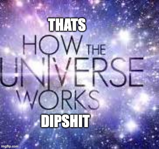 thats how the universe works dipshit | image tagged in thats how the universe works dipshit | made w/ Imgflip meme maker