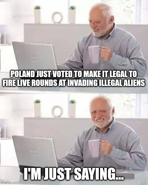 Hide the Pain Harold Meme | POLAND JUST VOTED TO MAKE IT LEGAL TO FIRE LIVE ROUNDS AT INVADING ILLEGAL ALIENS; I'M JUST SAYING... | image tagged in memes,hide the pain harold | made w/ Imgflip meme maker