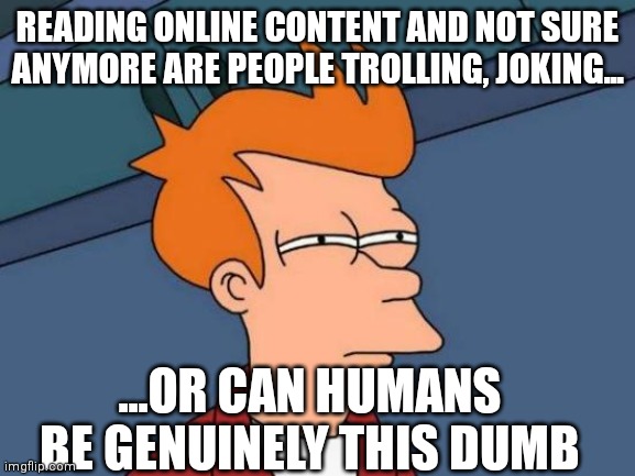 Not sure anymore... | READING ONLINE CONTENT AND NOT SURE ANYMORE ARE PEOPLE TROLLING, JOKING... ...OR CAN HUMANS BE GENUINELY THIS DUMB | image tagged in memes,futurama fry,dumb people,comments,futurama,trolls | made w/ Imgflip meme maker