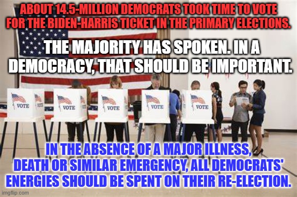 These games only benefit the GOP. It is time to move forward. It is time to beat Trump, again. | ABOUT 14.5-MILLION DEMOCRATS TOOK TIME TO VOTE FOR THE BIDEN-HARRIS TICKET IN THE PRIMARY ELECTIONS. THE MAJORITY HAS SPOKEN. IN A DEMOCRACY, THAT SHOULD BE IMPORTANT. IN THE ABSENCE OF A MAJOR ILLNESS, DEATH OR SIMILAR EMERGENCY, ALL DEMOCRATS' ENERGIES SHOULD BE SPENT ON THEIR RE-ELECTION. | image tagged in politics | made w/ Imgflip meme maker