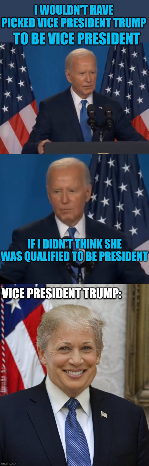 TRUMP IS NOW V.P.! | I WOULDN'T HAVE PICKED VICE PRESIDENT TRUMP; TO BE VICE PRESIDENT; IF I DIDN'T THINK SHE WAS QUALIFIED TO BE PRESIDENT; VICE PRESIDENT TRUMP: | image tagged in joe biden,president trump,president,politics,kamala harris,vice president | made w/ Imgflip meme maker