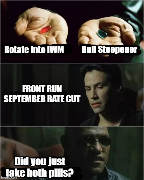 Front run September cuts | Bull Steepener; Rotate into IWM; FRONT RUN SEPTEMBER RATE CUT; Did you just take both pills? | image tagged in matrix choose pill | made w/ Imgflip meme maker