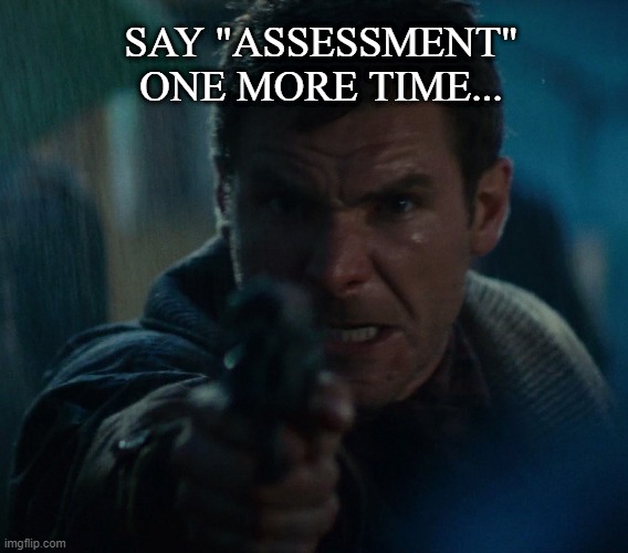 power outage | SAY "ASSESSMENT" ONE MORE TIME... | image tagged in angry man with a gun | made w/ Imgflip meme maker