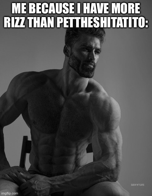Giga Chad | ME BECAUSE I HAVE MORE RIZZ THAN PETTHESHITATITO: | image tagged in giga chad | made w/ Imgflip meme maker