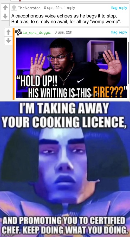 The narrator cooked with that one | image tagged in i'm taking away your cooking license | made w/ Imgflip meme maker