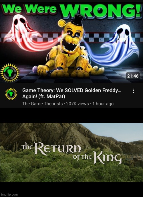 He's back | image tagged in return of the king,golden freddy,matpat,matthew,patrick | made w/ Imgflip meme maker